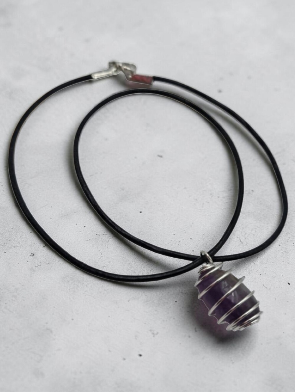 Handmade Amethyst Stone Pendant in Silver Spiral Cage Necklace